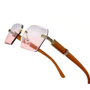 Rimless Sunglasses Women Men Fashion Wood Grain Frame Pink Purple Lens 80's 90's